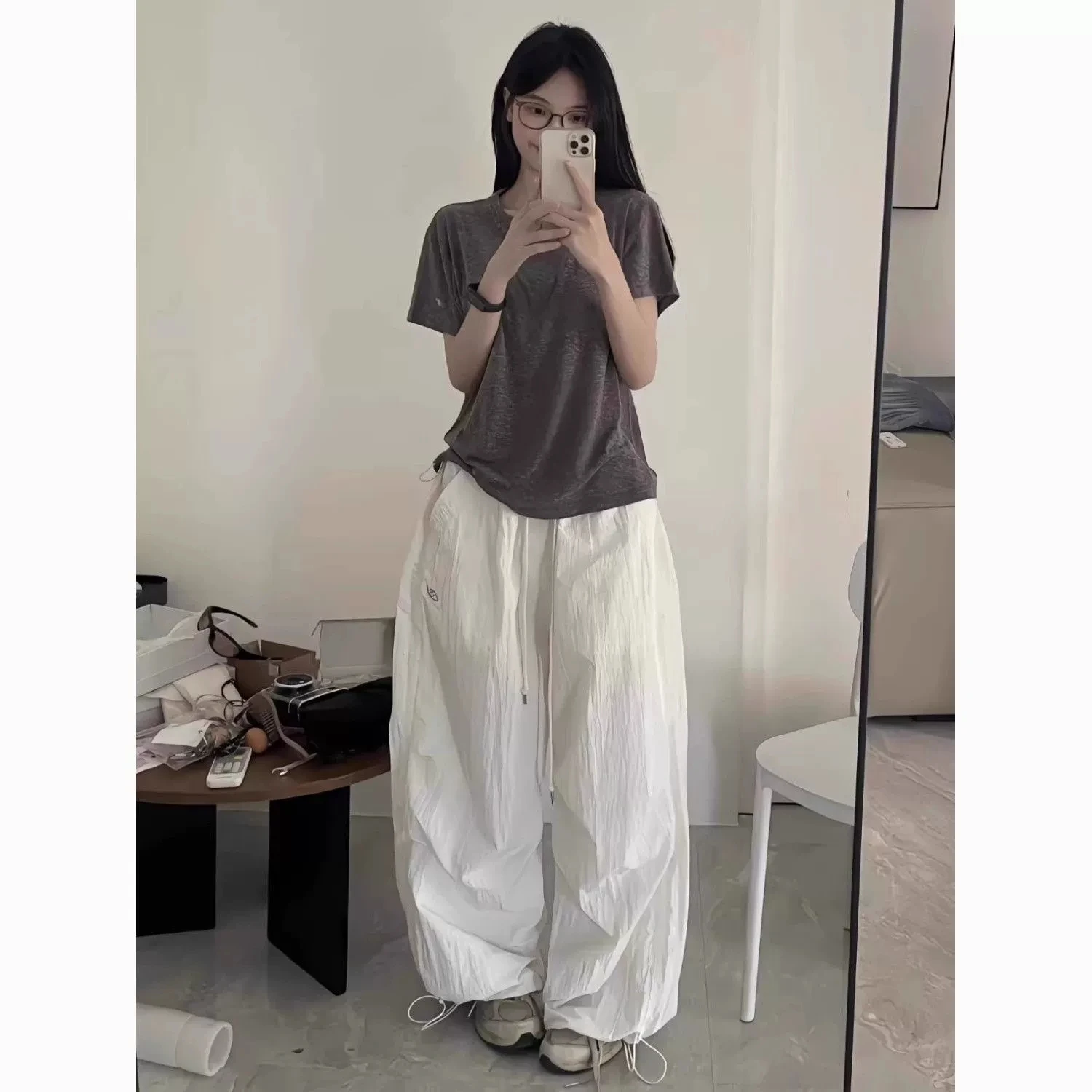 Woman Y2K Parachute White Pants Harajuku Streetwear Embroidery Wide Leg Jogger Trousers Oversized Pockets Baggy Cargo Sweatpants