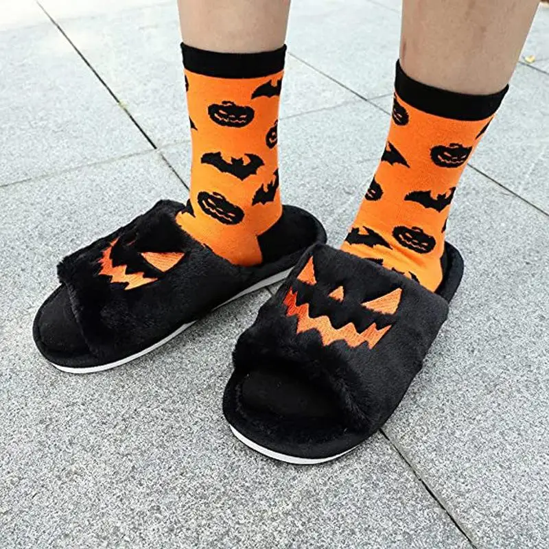 

Halloween Pumpkin Slippers Funny Face Plush Shoes Slippers Soft Plush Open Toe Slippers for Women Men