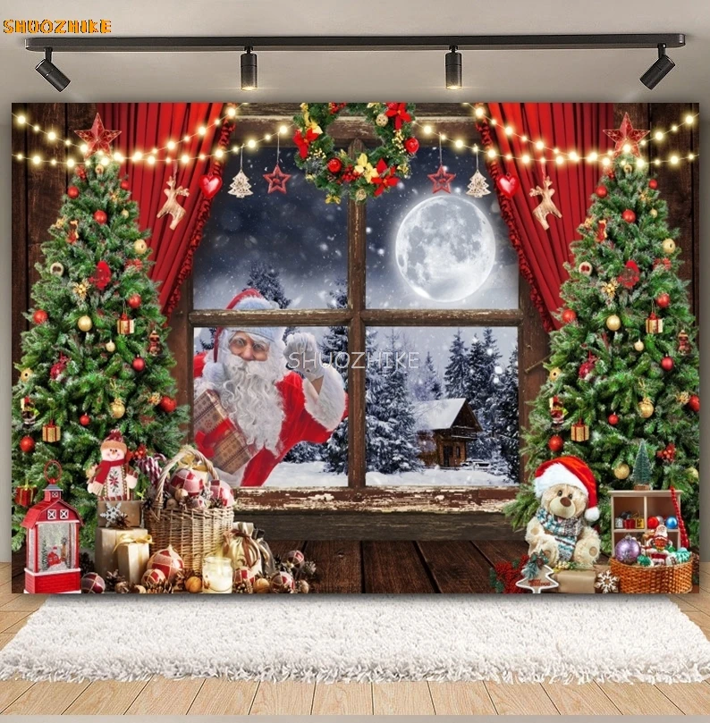 Winter Christmas Santa Claus Photography Backdrop Christmas Tree Fireplace Window Kids Portrait Family Party Photo Background