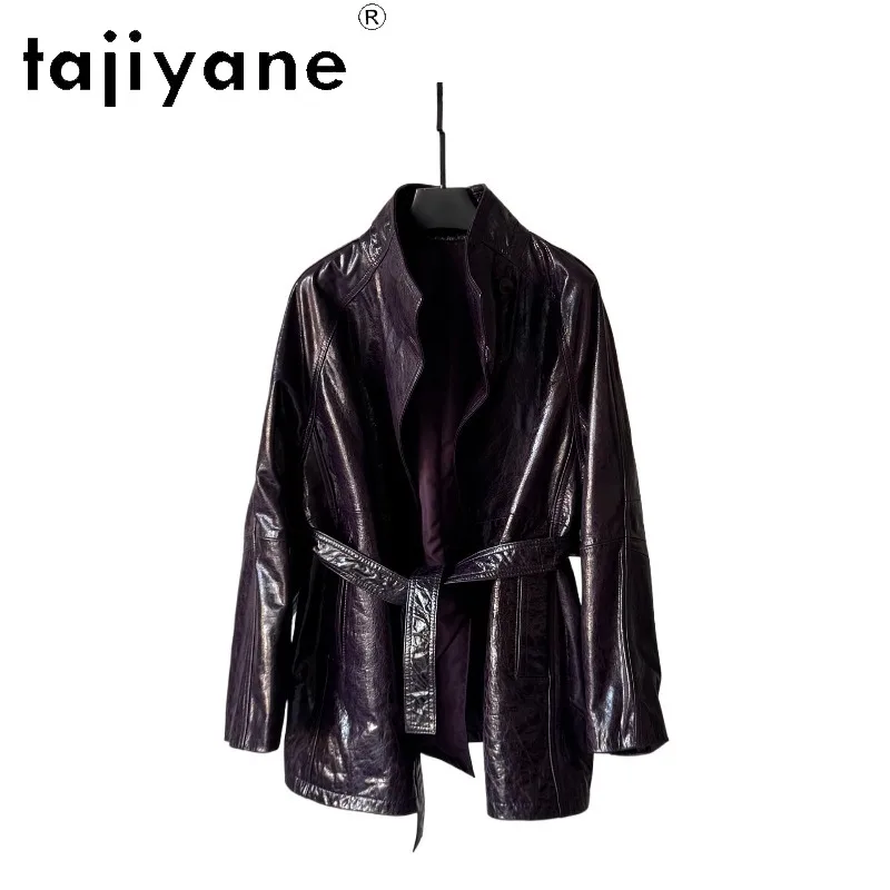 TAJIYANE Sheepskin Genuine Leather Jacket Woman Oil Waxed Leather Trench Coat Mid Length Belted Jacket of Woman Outerwear 가죽자켓