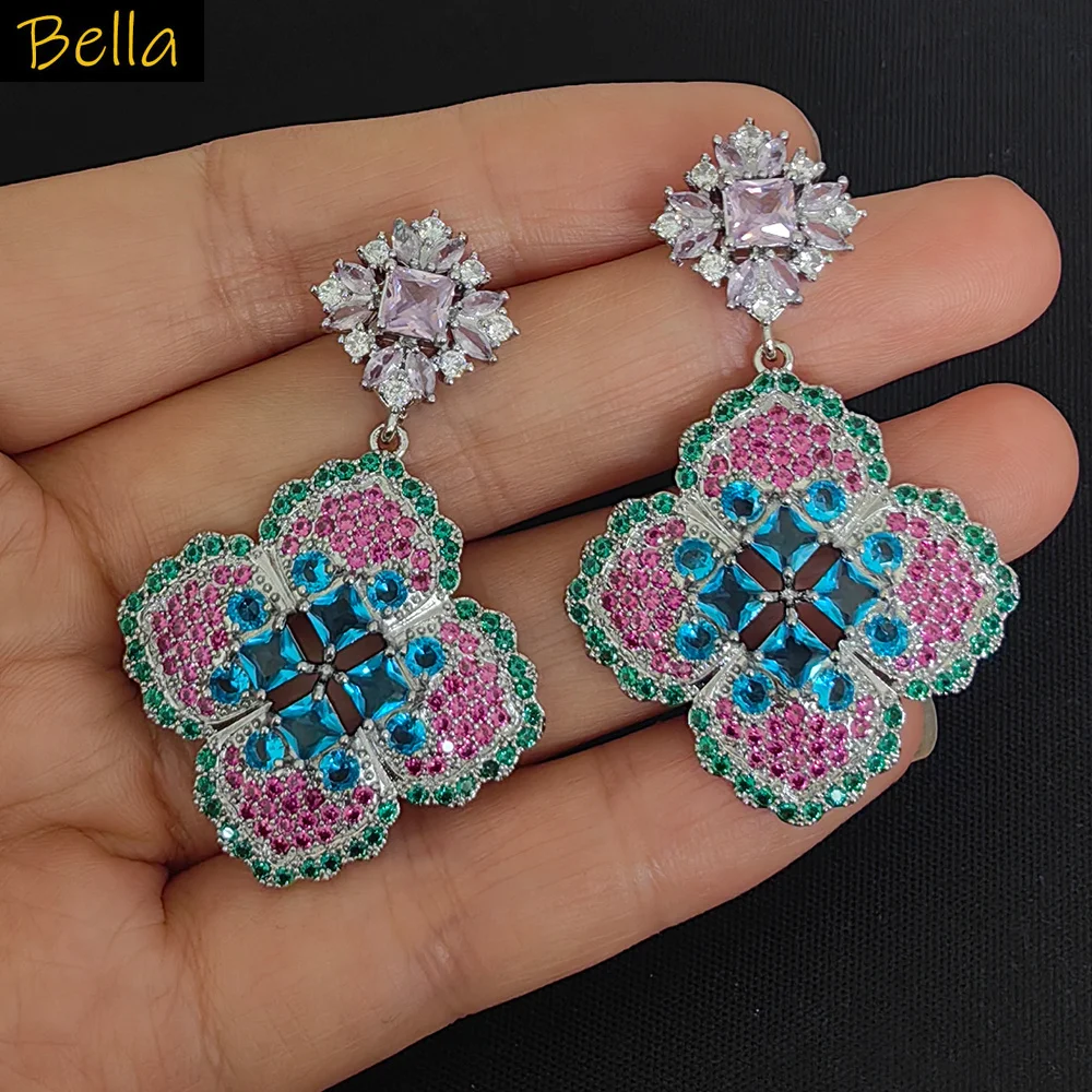 

Multicolor CZ Four Leaf Clover Drop Earrings for Women Party Wedding Anniversary Gift Blue Pink Cubic Zirconia Earrings