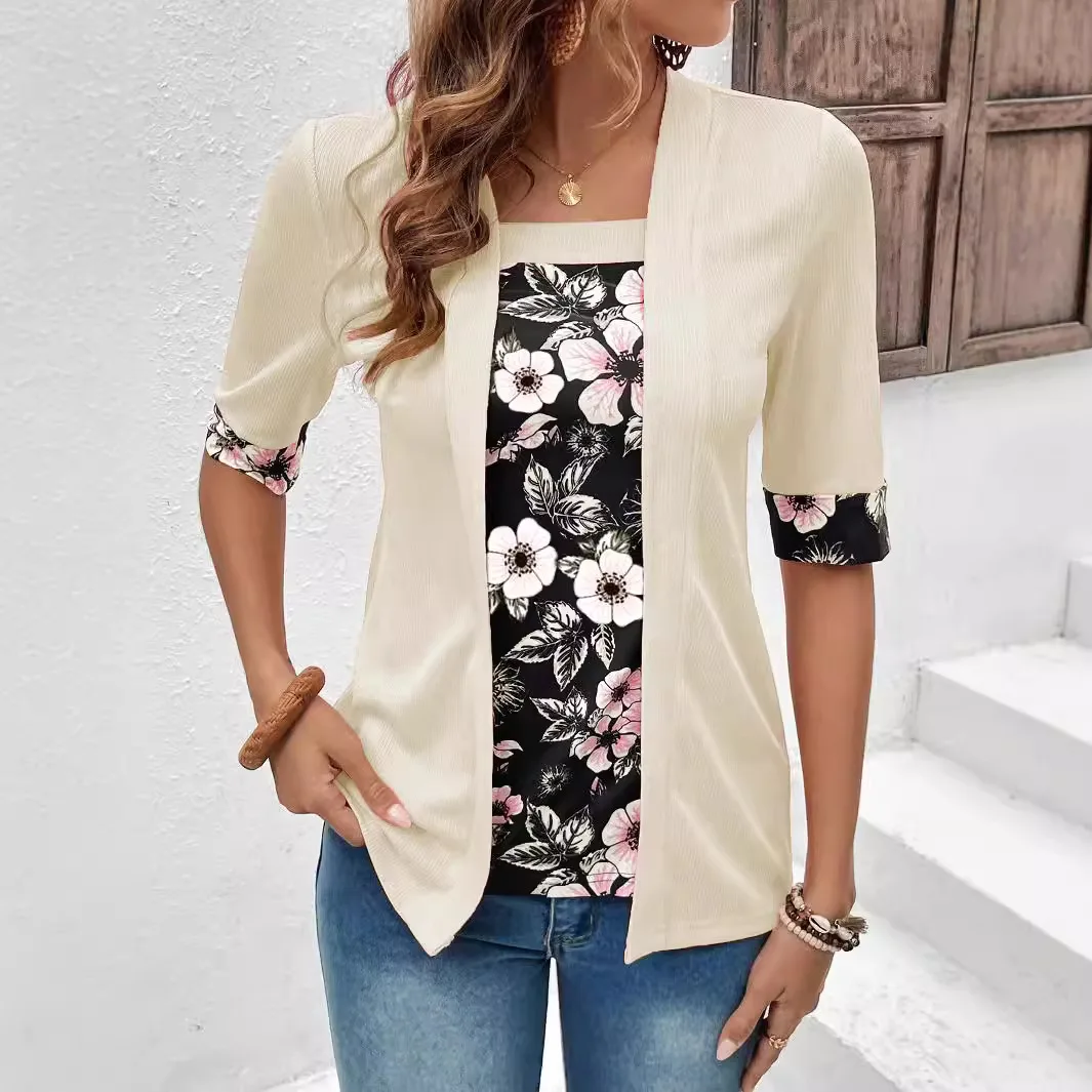 T-shirt da donna stampata a maniche corte in due pezzi con abbigliamento da donna europeo americano nuovo estivo