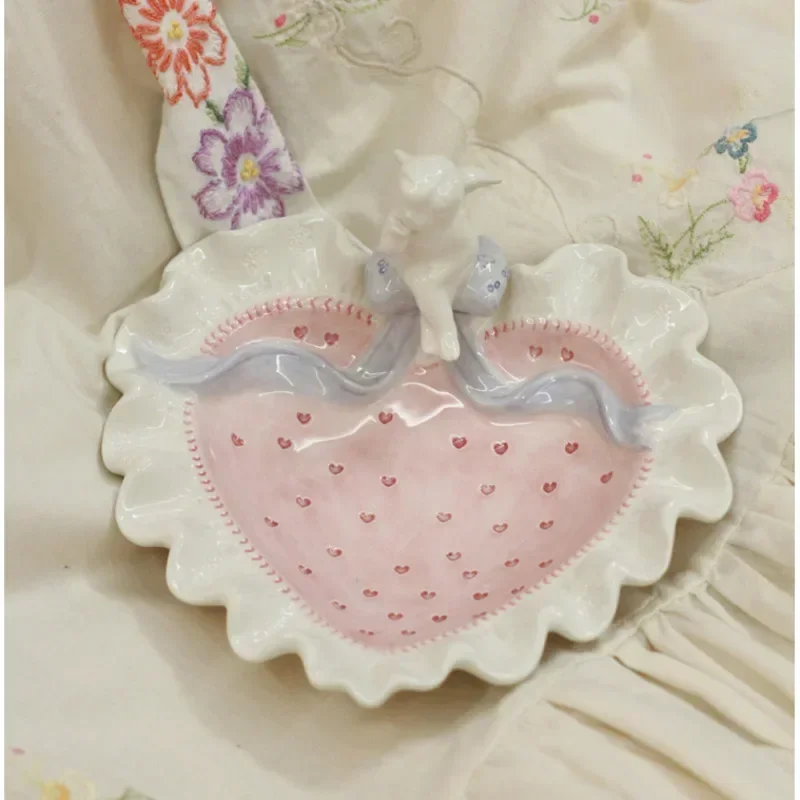 Ins High Appearance Value Food Plate Vintage Angel Cake Plate Love Lace Dessert Plate Under Glaze Ceramic Water Cup Kettle