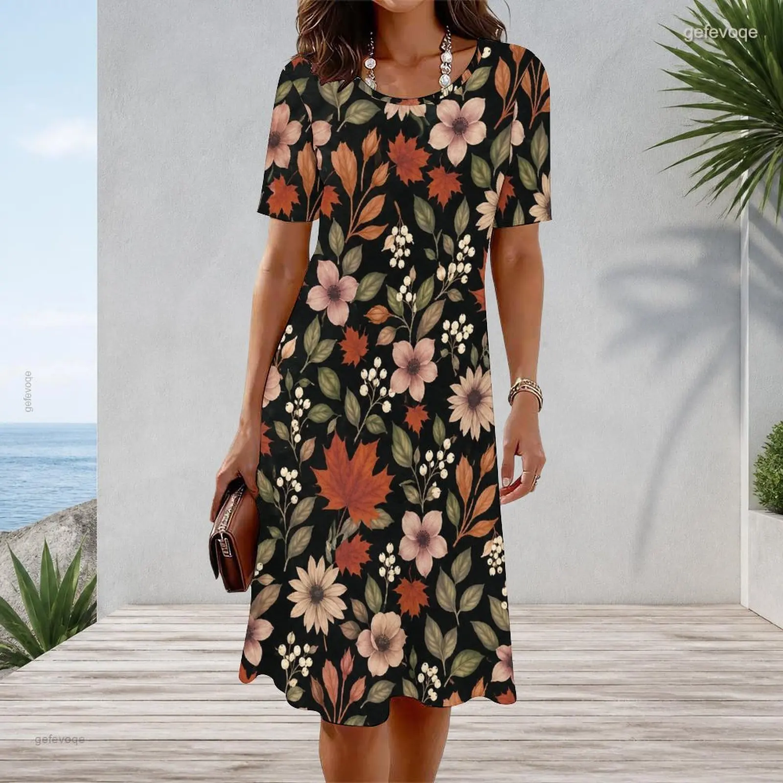 Women Round Neck Short Sleeve Black Base Floral Maple Leaf Printed A-line Dress