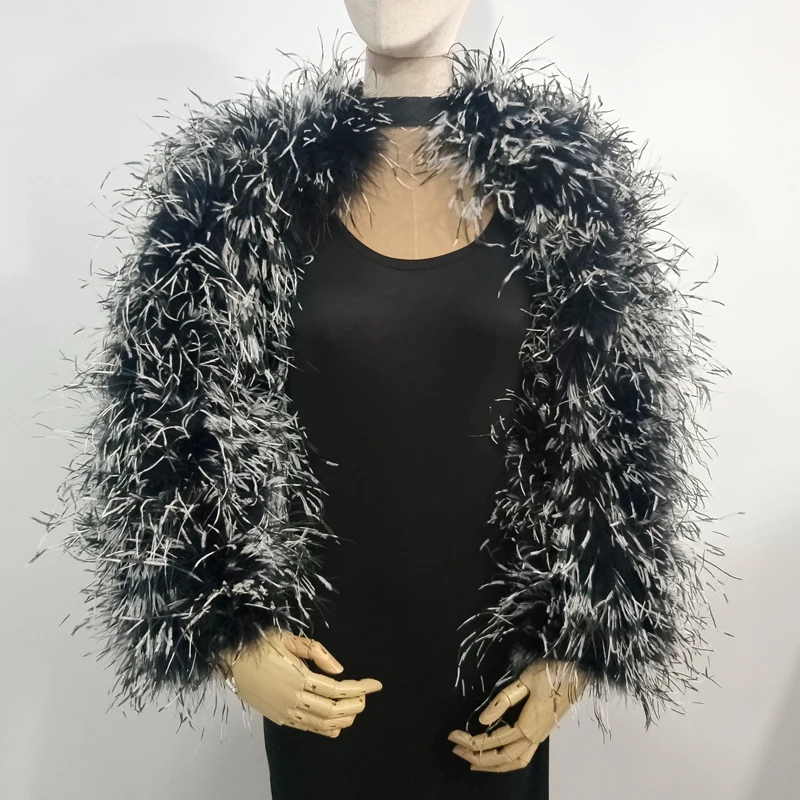 Neuestes Design, stilvolles 100 % Straußenhaar, Ärmellänge 55 cm, mehrfarbig, maßgeschneidert, für Mode, Club und Party, Bankett, vielseitig – Detail 16