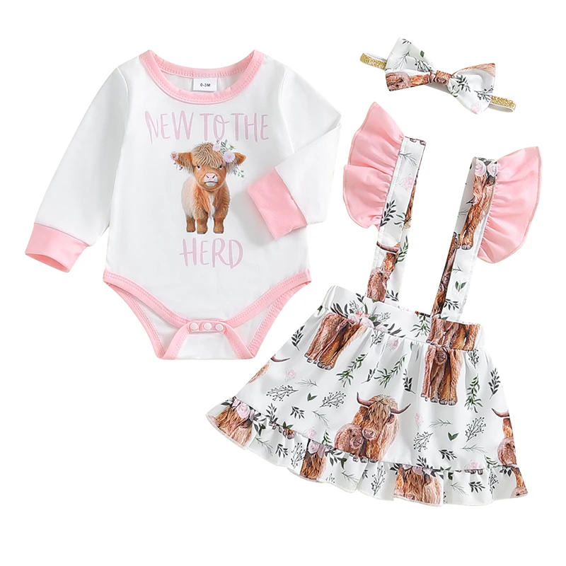 Baby Girls Fall Outfit Cow Print Long Sleeve Romper and Suspender Skirt Cute Headband 3 Piece Clothes