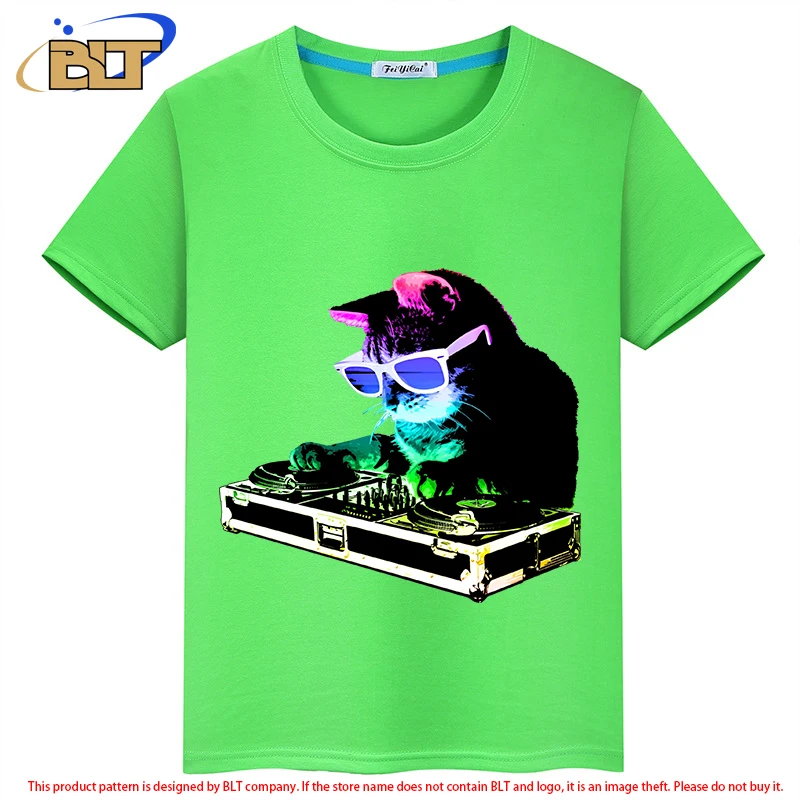 Camiseta con estampado de gatito de DJ para niños, tops casuales de manga corta para niños y niñas, arcoíris, Verano