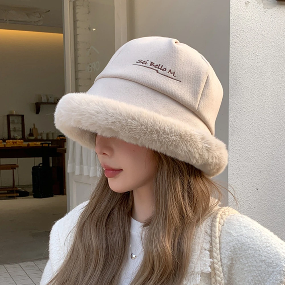 New Fashion Fluffy Fur Bucket Hat Thickened Plush Basin Hat Ear Protection Exquisite Beanie Cap Autumn/Winter