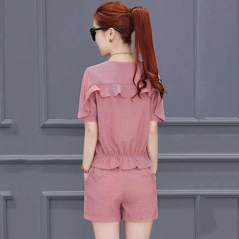 Summer Slim Two Piece Sets Thin Tshirt Tops Conjuntos High Waist Baggy Shorts Suits Korean Casual Ensemble New Ruched Outfit