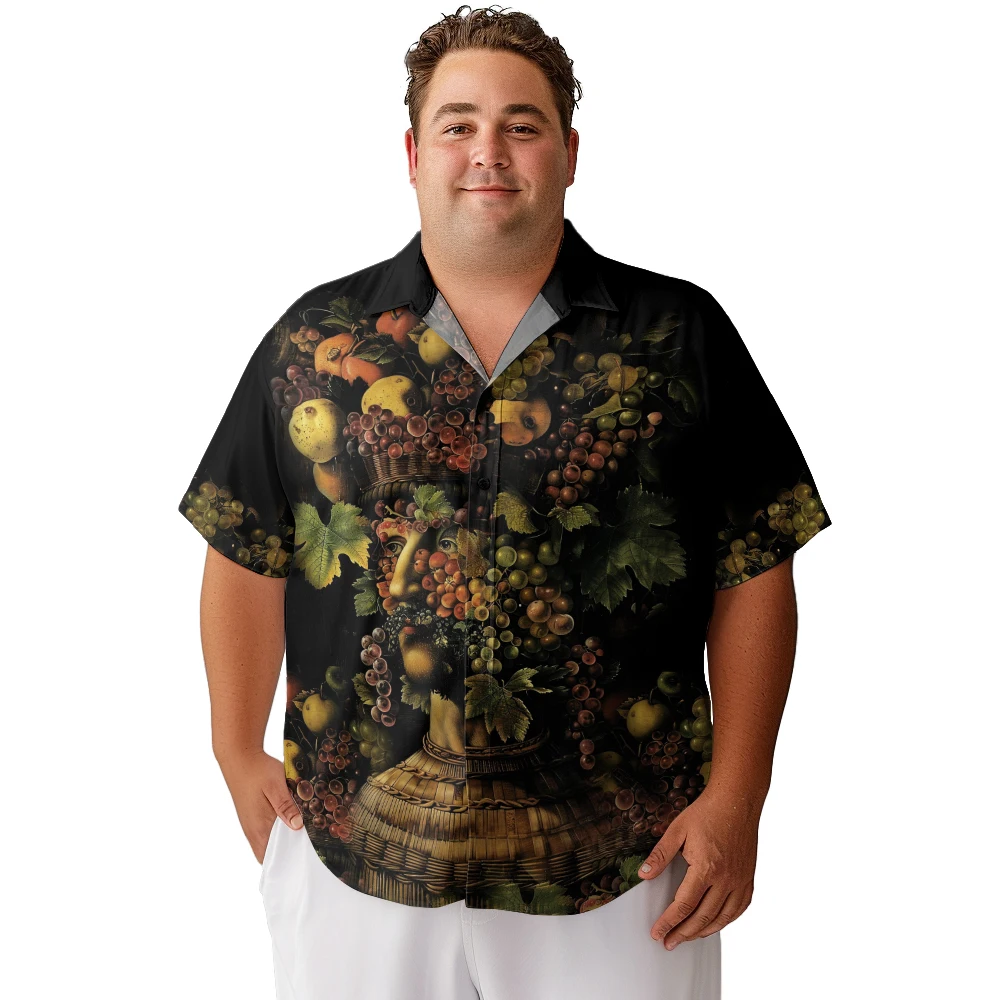 

2024 new Hawaii Men's shirts plus size A man with a fruit basket on his head printed clothing casual short-sleeved