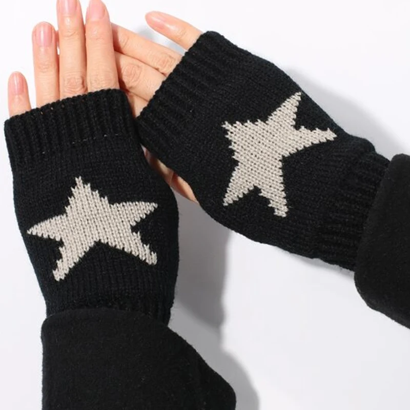 Winter Touchscreen Knitted Gloves Women\'s Men\'s Star Print Warm Wool Stretch Knit Mittens Imitation Wool Half Finger Fingerless