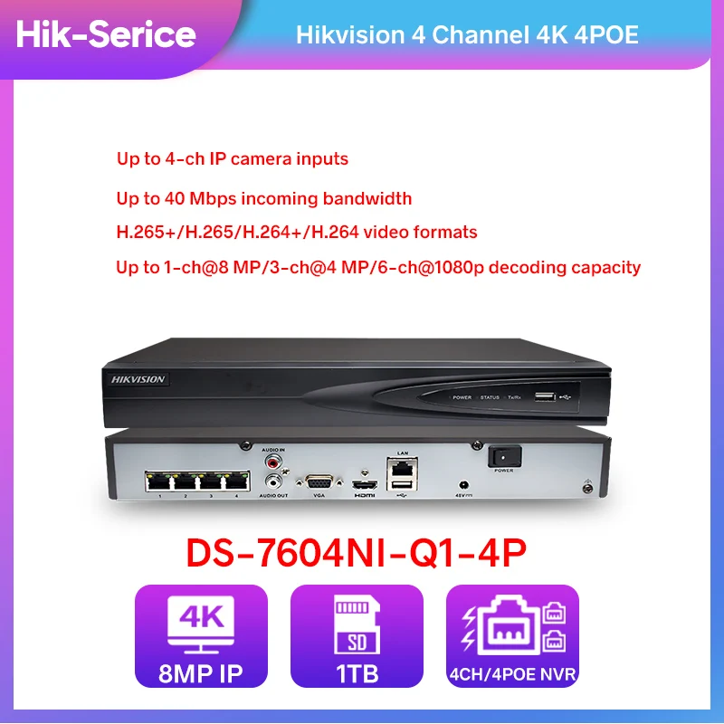 Hikvision Serice 4-ch 1U 4 PoE 4K NVR DS-7604NI-Q1/4P NVR  1SATA 8MP inputs Network Video Recorder Support Third-party Camera