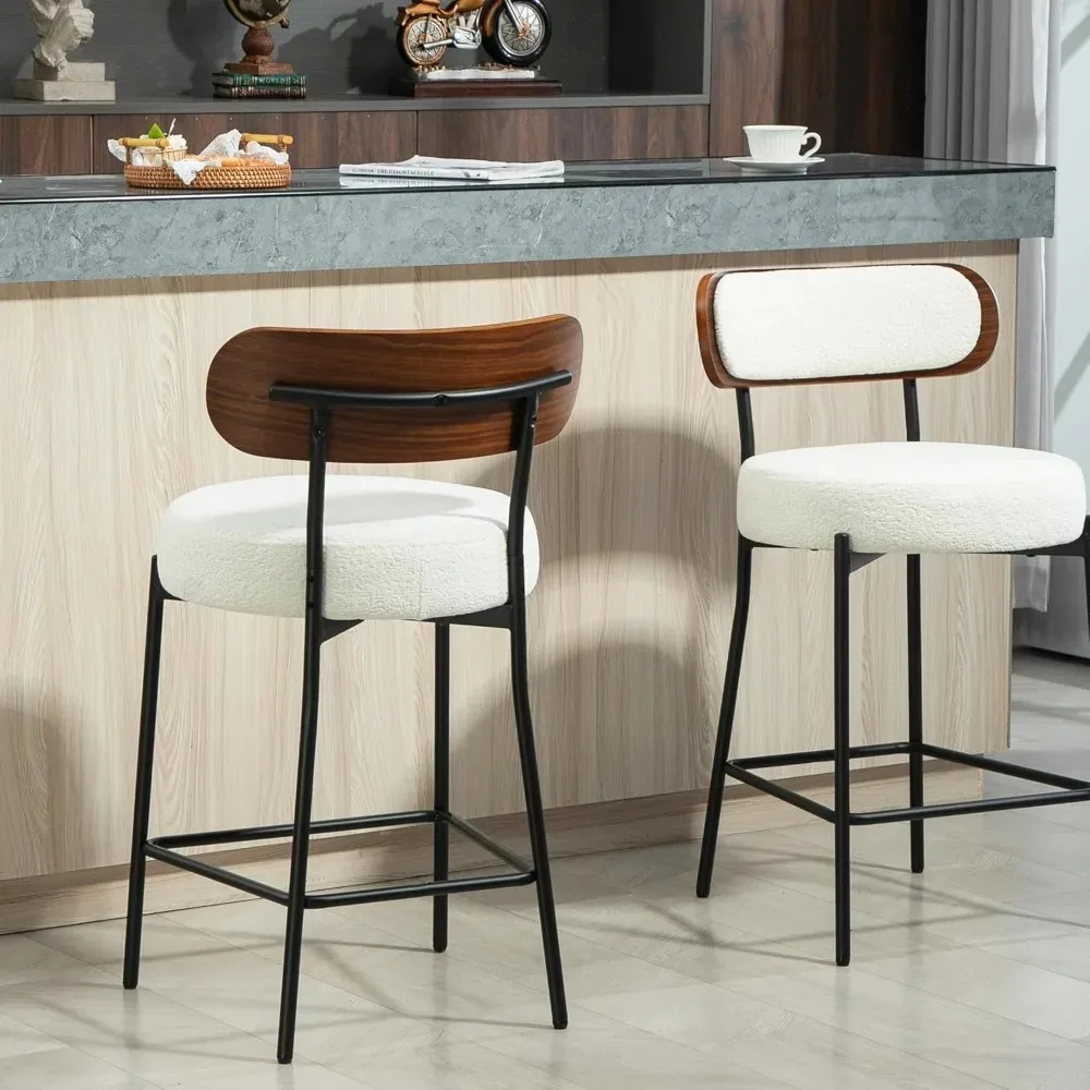 مجموعة مقاعد بار FUNCOLOR مقاس 28 بوصة مكونة من 2، مقاعد للبار بيضاء حديثة بارتفاع مضاد مع ظهر خشبي لجزيرة المطبخ، منجد F