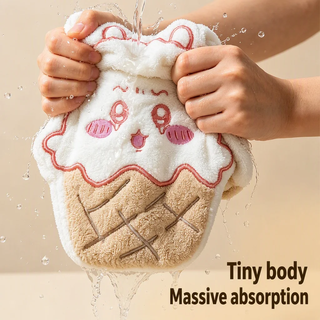 1/3PCS Cute Ice‑Cream Hanging Hand Towel Fleece Cartoon Quick‑Dry Wipe Cloth Kitchen Bathroom Decorative Cleaning Towel For Home