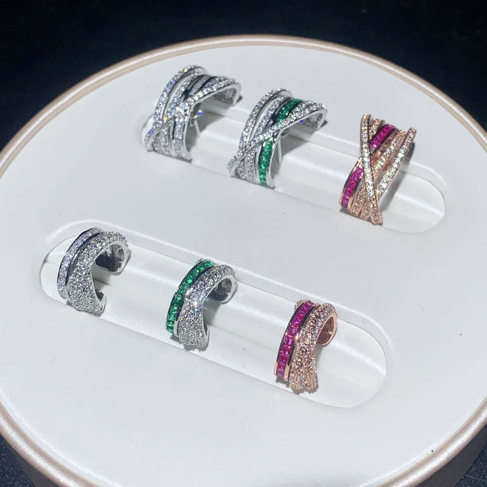 Luxury Geometric micro pave Colorful Cubic Zirconia cz Circle Lines ear cuff no pierced clip Stud Earrings Hip hop women jewelry