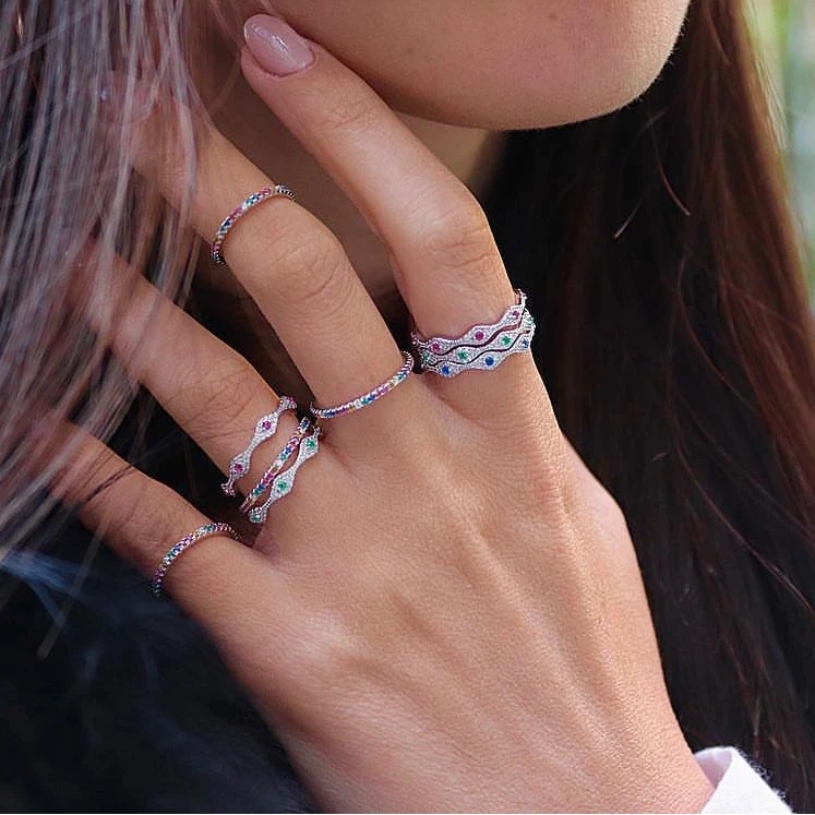 Red Green Blue Cz Turkish Evil Eye Engagement Wedding Band Rings For Lady Women Party Gifts Finger Jewelry Classic Stacking Ring