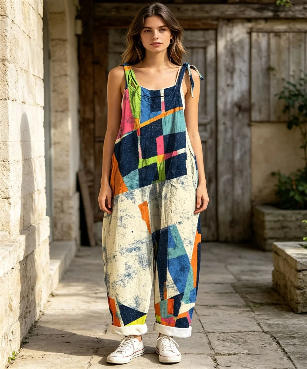 New women's retro oil painting color blocking collage print comfortable jumpsuit, off shoulder sleeveless loose jumpsuit