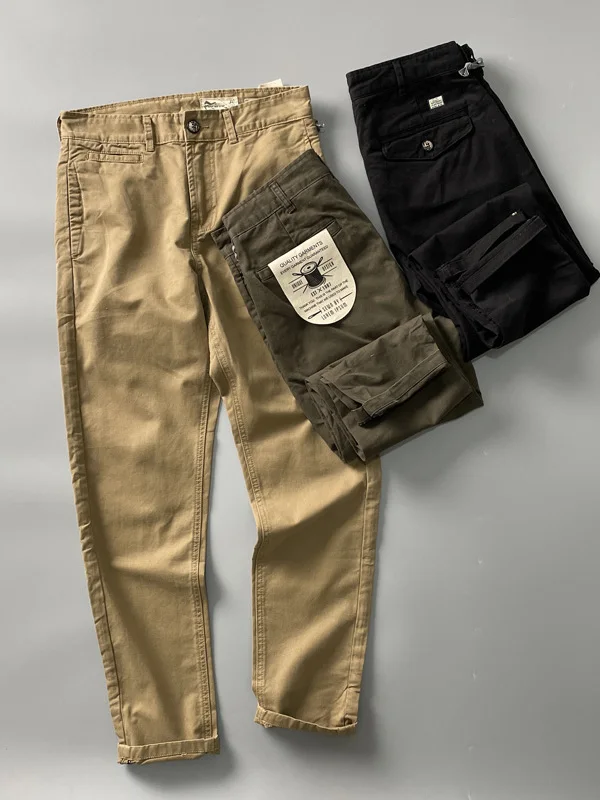 Retro American Motorcycle Straight Leg Casual Pants Workwear Spring Autumn Wear Resistant Slim Fit Khaki Men's Pants