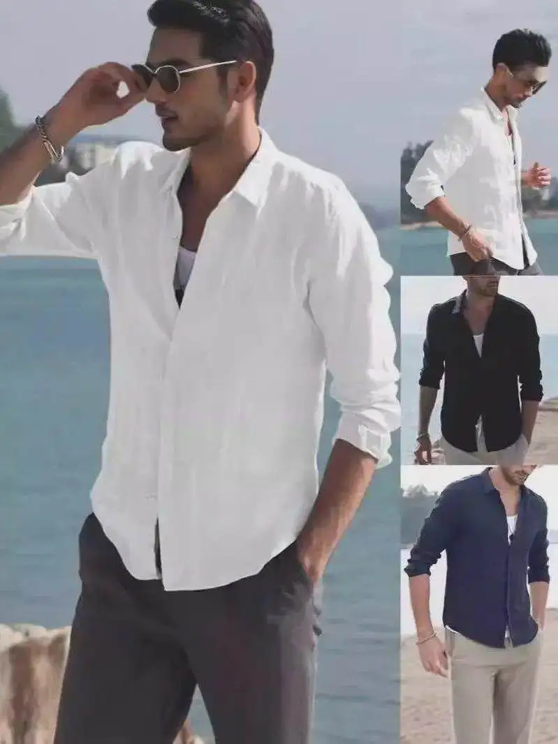 

American Style Vintage Cotton Linen White Shirt Men's High Sensation Slim Long Sleeve Sun Protection Linen Breathable Workwea...