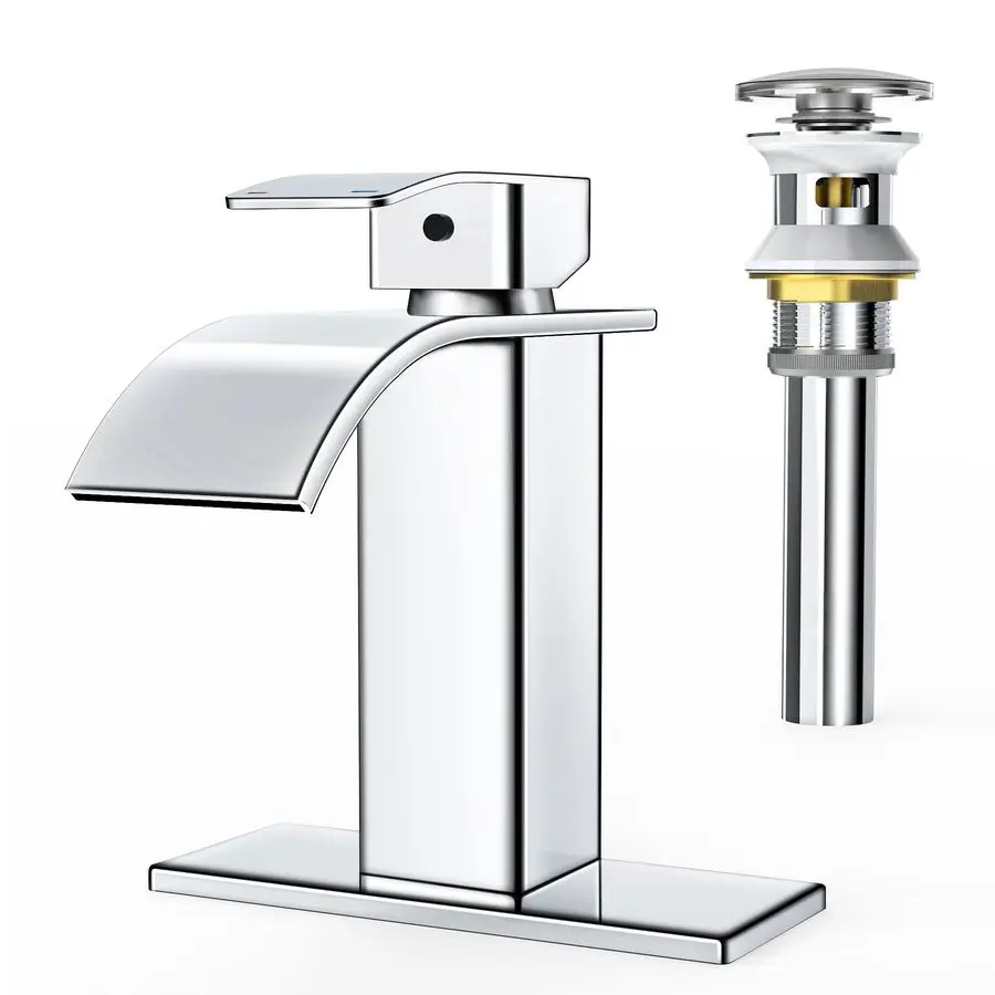 

Waterfall Bathroom Faucet,Single Handle Bathroom Sink Faucets for 1 or 3 Hole, Stainless Steel Washbasin Mixer Tap with Deck,Pop