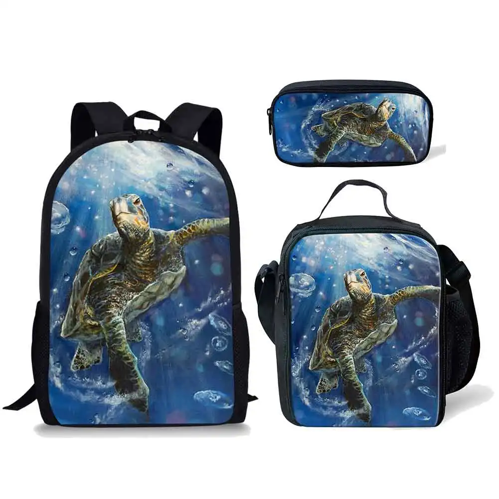 Conjunto de Mochila Padrão de Animais Marinhos Tartaruga, mochila de estudante escolar 3D Print, mochila portátil Anime, lancheira, lápis, presente do miúdo, 3pcs