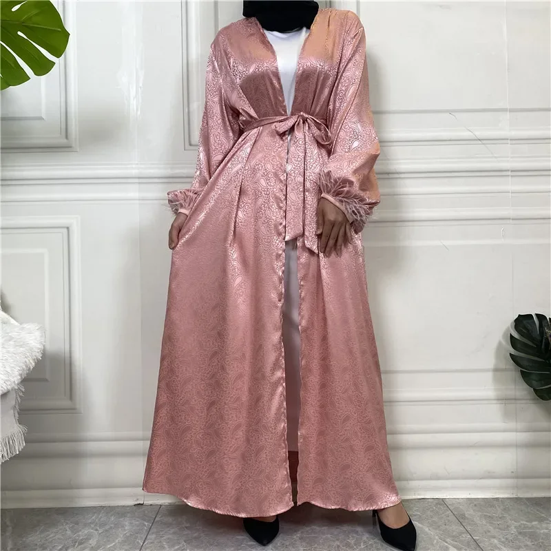 Satin musulman Abaya femmes Robe imprimer plume maroc fête longue Robe Islam turquie dubaï Eid Ramadan Robe Kimono Cardigan Kebaya
