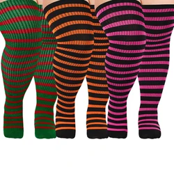 Women's Knit Cotton Plus Size Halloween Christmas Red and Green Striped Thick Thigh High Socks Acrylic Yarn Long Stockings