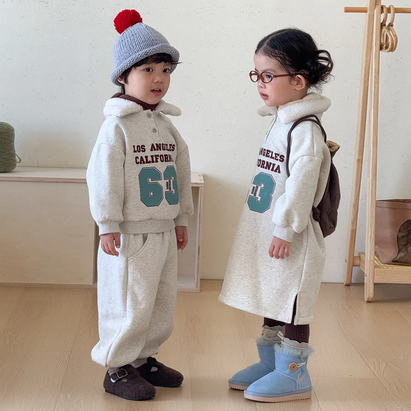 Winter Children Fleece Clothes Set Boys Sweatshirt + Pants 2pcs Suit Plus Velvet Thick Kids Girls Letter Print Dress 1-8 Years