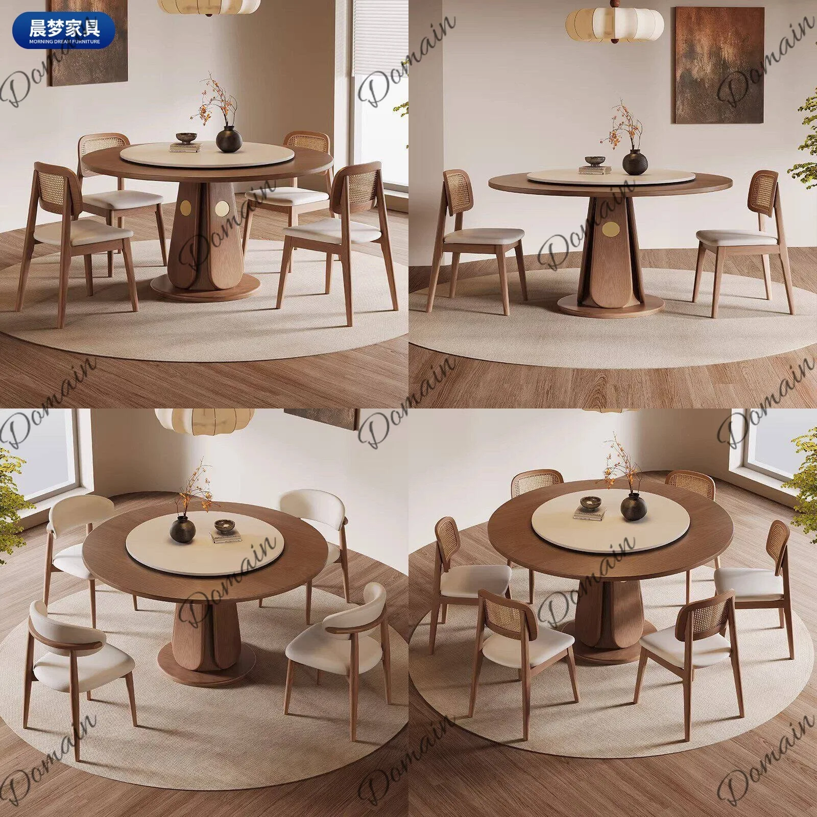 Mid-Century Modern Solid Wood Round Dining Table Set with Lazy Susan for Small Spaces, Chinese Song Style Aesthetic