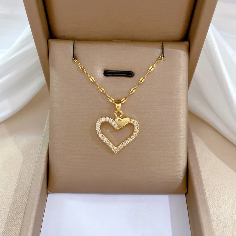 Trend ige Herz Edelstahl Zirkonia Halsketten für Frauen Mädchen lieben Gold Farbe Metall Halskette Party Geburtstag täglichen Schmuck