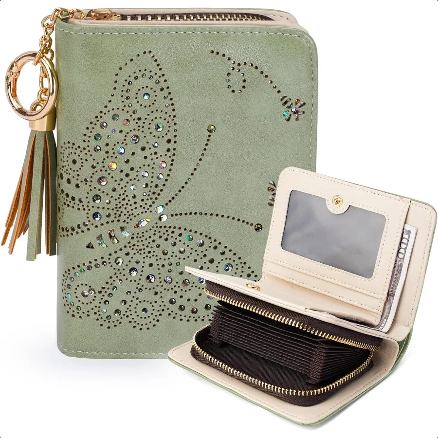 

Women RFID Blocking Small Bifold Wallet Compact Cash Clutch with Zipper Coin Pocket Glittery Butterfly Design Credit Card Holde