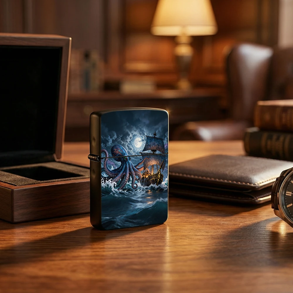 Flip Top Lighter Kraken Octopus Sailing Ship Moon Ocean Storm Fantasy Art Pattern lighters vintage lighters for smokers