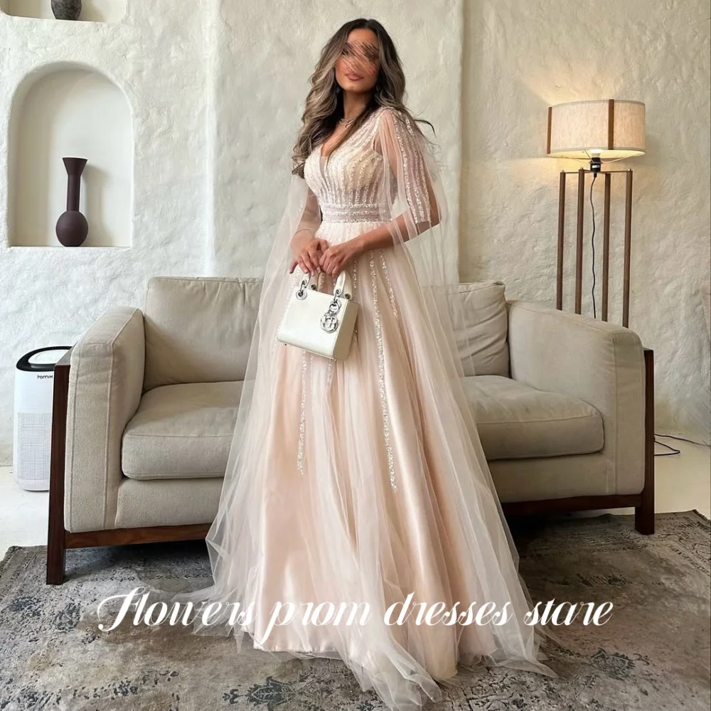 Robe de bal ligne A à fleurs, col en v, paillettes, manches régulières, robe de soirée pour femmes, princesse, personnalisée