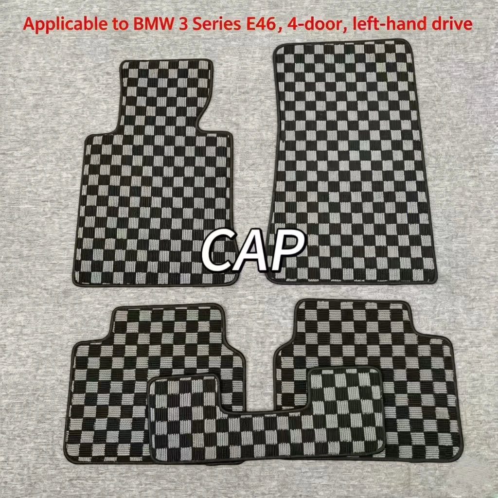 Custom Car Floor Mats for BMW 3 Series E46 4-Door LHD, Luxury Plush Fabric, Classic Checkered Pattern, All-Weather Protection