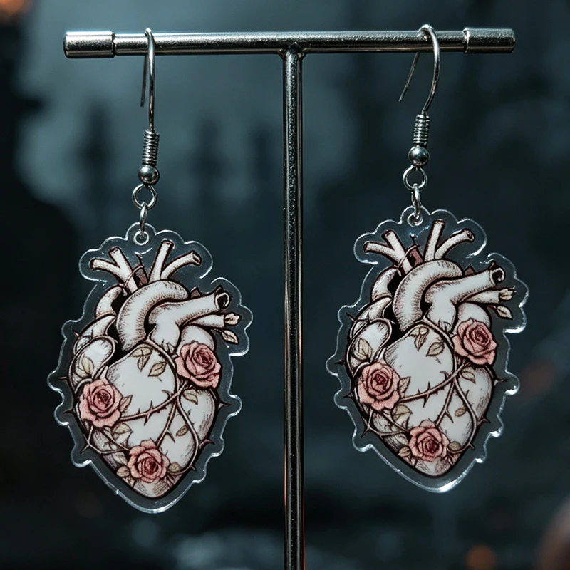 Gothic Dark Academy Style Anatomy Heart Pink Rose Earrings Creative Rose Thorn Retro Tattoo Earrings Halloween Decoration Gift