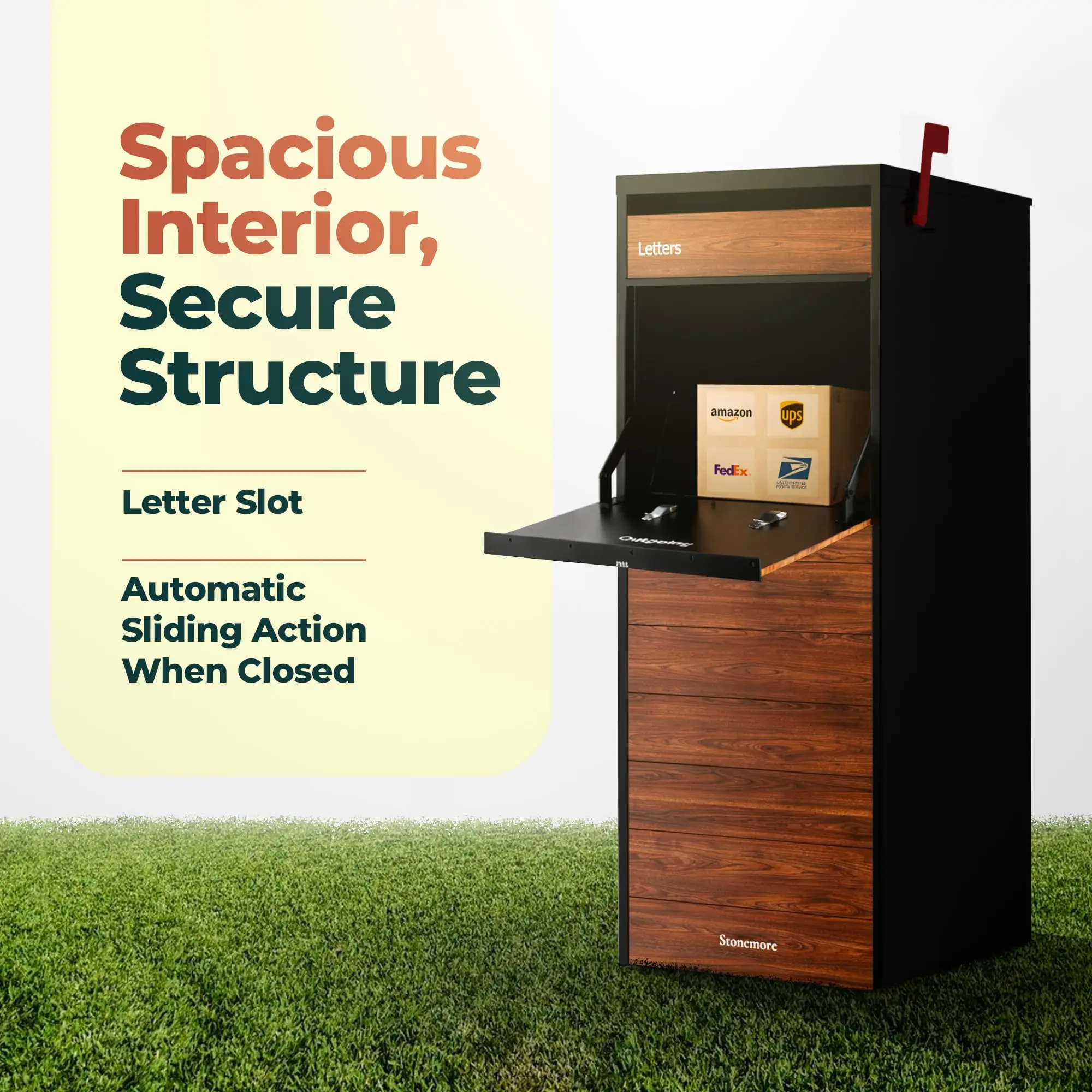 Cali USPS Compatible Mailbox, Classic Black/Oak Package Mailbox, Anti-Theft Locking Parcel Drop Box for Porch Or