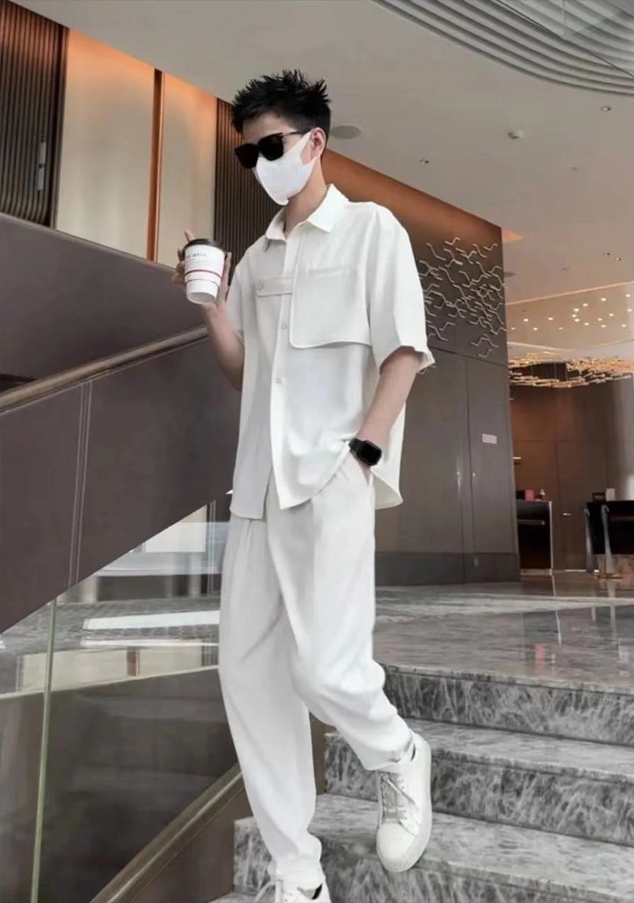 

Nylon Men's Pants Set White Male Shirts Trousers Sets Regular Fit Casual Two-piece Stylish Luxury Outfits Kpop Slim Loose Tee