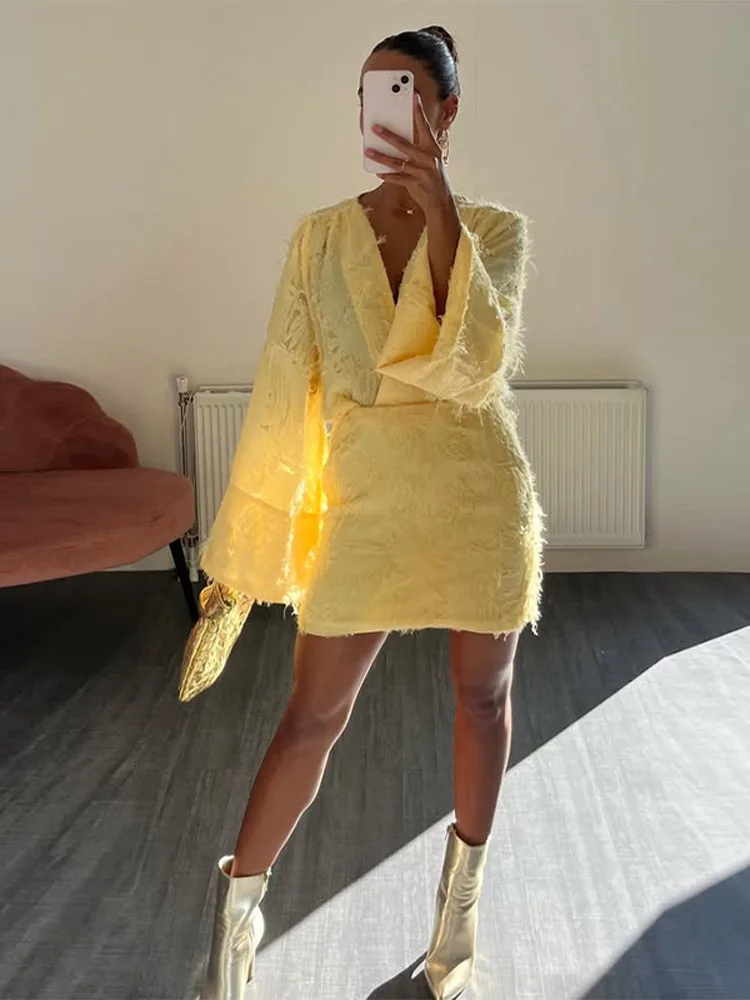 

Sexy V-neck Solid Fringed Women's Mini Dress Fashionable Long Sleeve High Waist Slim Fit Short Dress Lady Summer Chic Casual