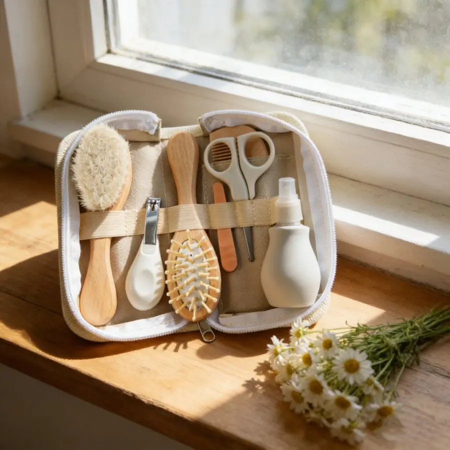7 Pcs 0-3 Years Old Baby Daily Care Set - Multi-functional Wooden Comb and Nail Clipper for Cleaning, Skincare and Care.