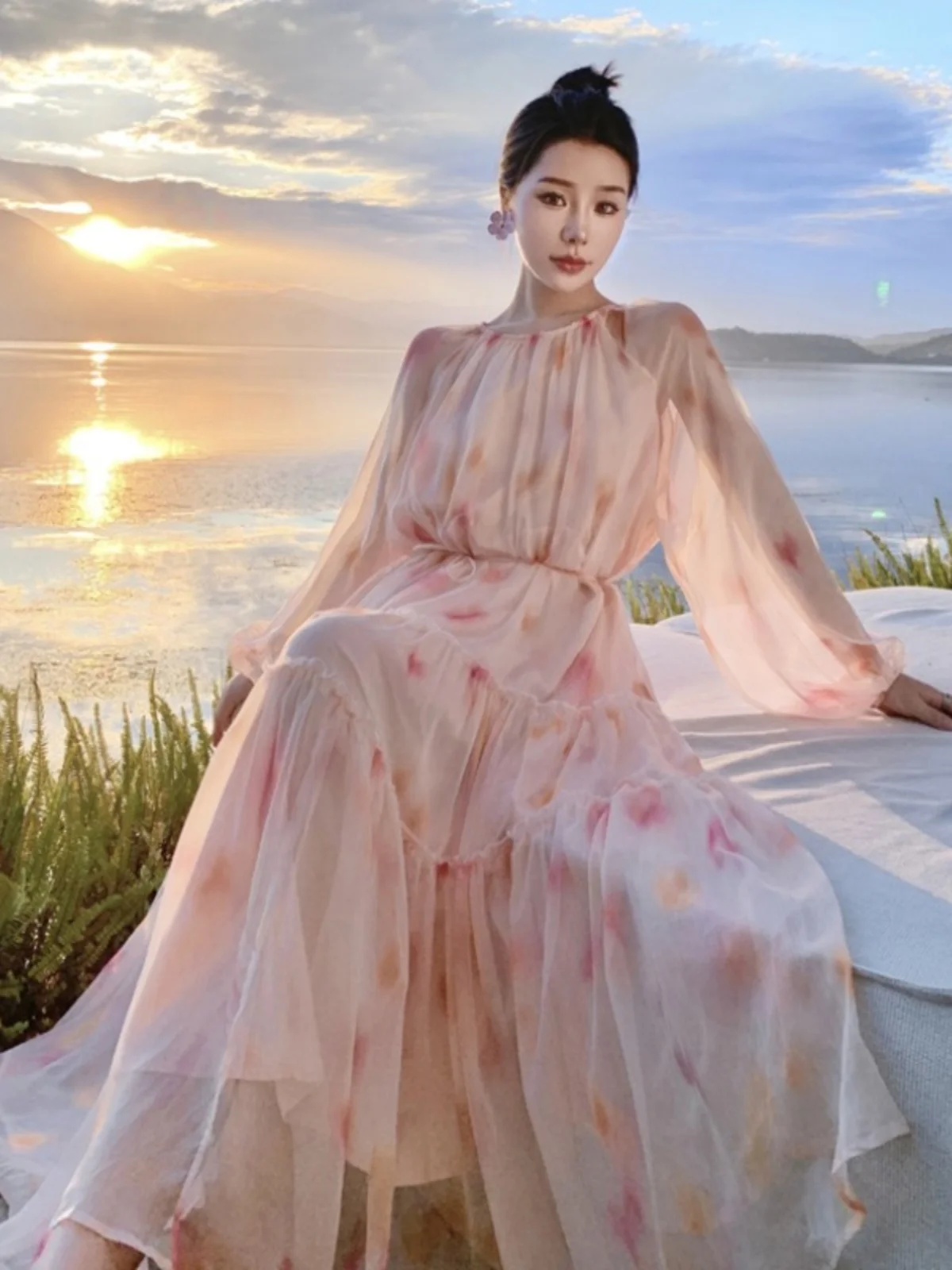 

Seaside Vacation Photography Chiffon Dress Long Sleeve Fairy Skirt Summer Loose Large Swing Super Sweet Gentle Style