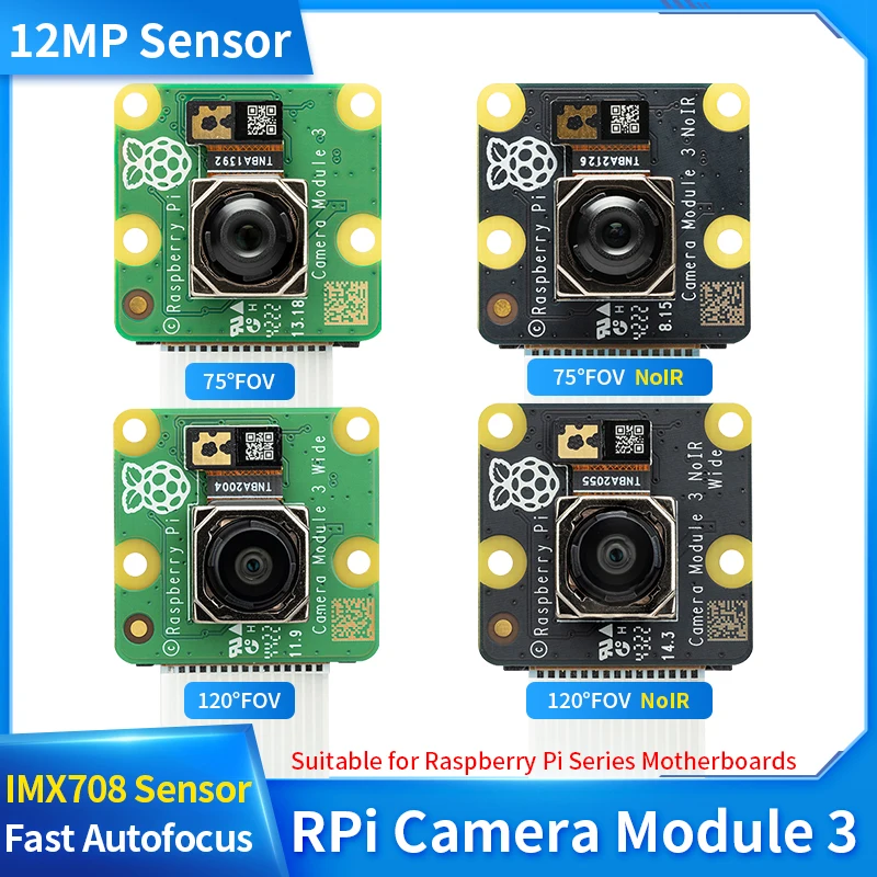 Official Raspberry Pi Camera Module 3 IMX708 Sensor HDR 12MP Auto Focus 75° 120° FOV NoIR Wide Night Vision Optional