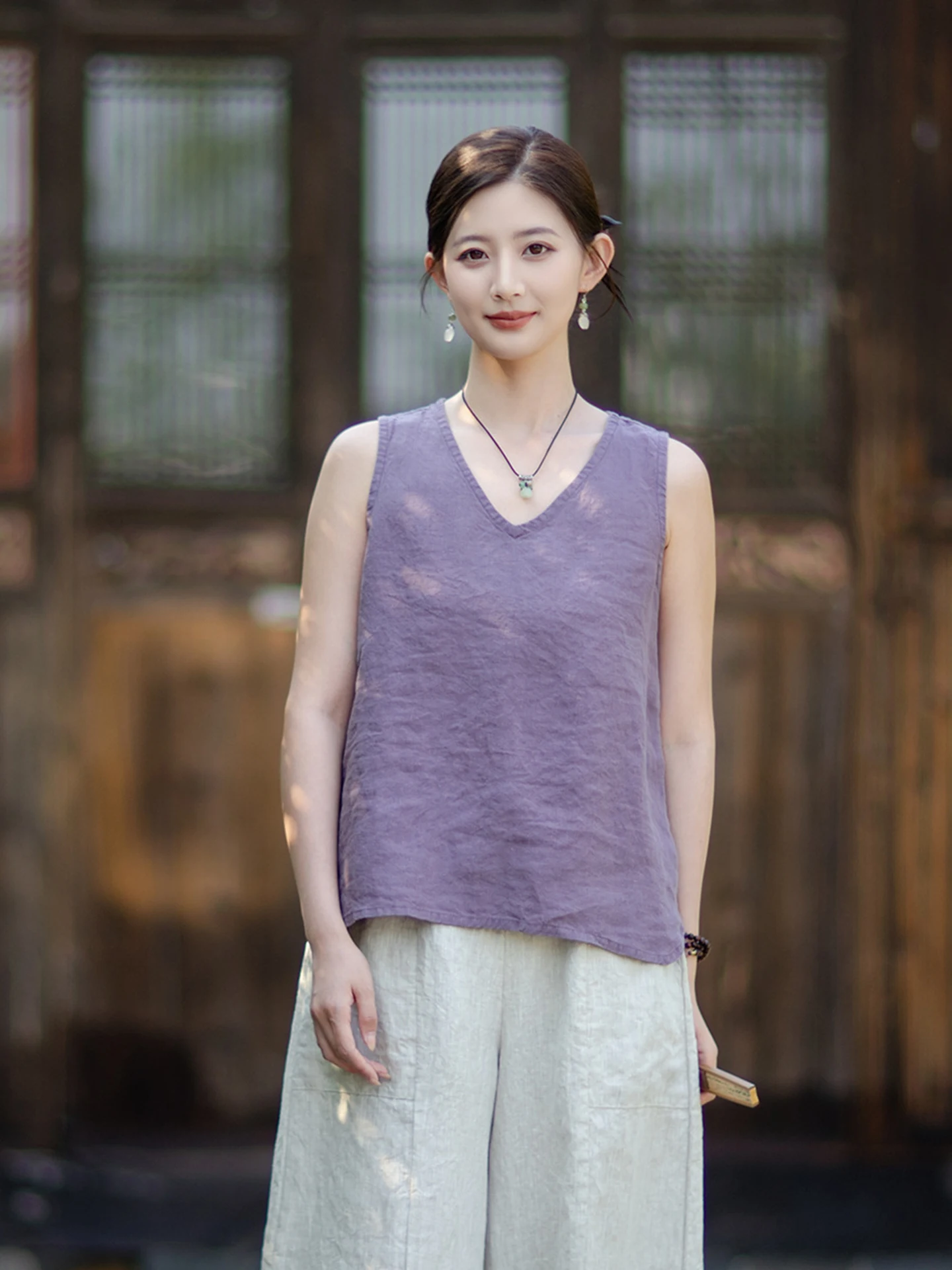 High-End Hanmă Vest Women Summer New Artistic Simple Inner Wear Loose Feel Outerwear V-Neck Sleeveless Top Fashionable Breath...