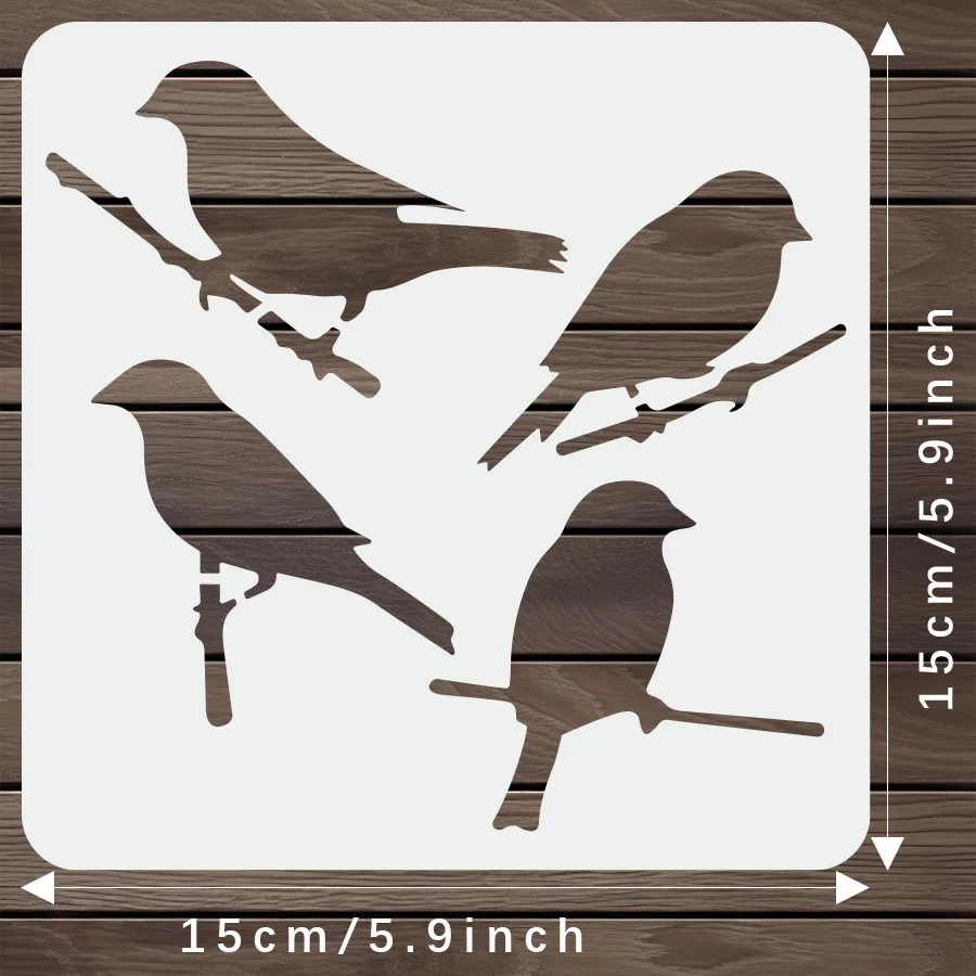 4 قطعة فرع مرسومة باليد مقاس 6*6 بوصة مع قالب أربعة طيور AI/PSD نمط زخرفي قابل للتحرير بدون قطع لبطاقة المجلات مواد ذاتية الصنع