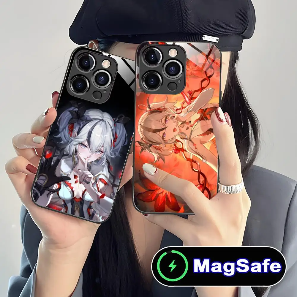 

Чехол для телефона Wuthering Waves Camellya для iPhone 16, 15, 14, 13, 12, 11 Pro Max Plus Mini MagSafe, стеклянный цветной защитный чехол, красивый