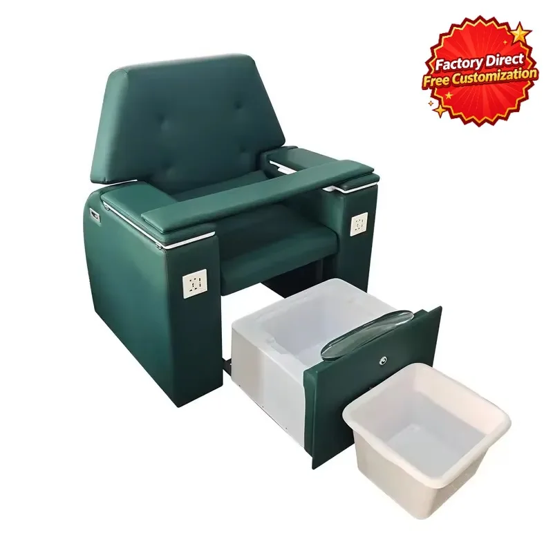 Professional Pedicure Chair Pull-Out Foot Spa Tub with Removable Basin, Power Outlet Armrests, Dark Green Tufted Salon Chair