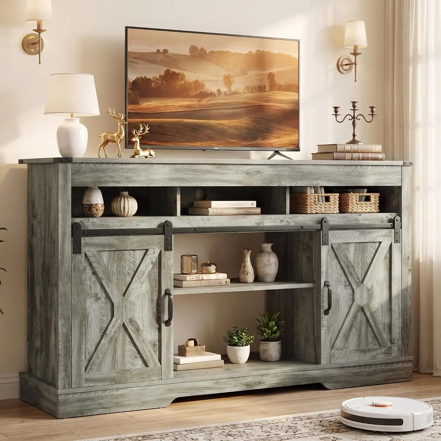 Farmhouse TV Stand Entertainment Center 65+ Inch Screen Wooden Media Console Storage Cabinet Living Room, Customized