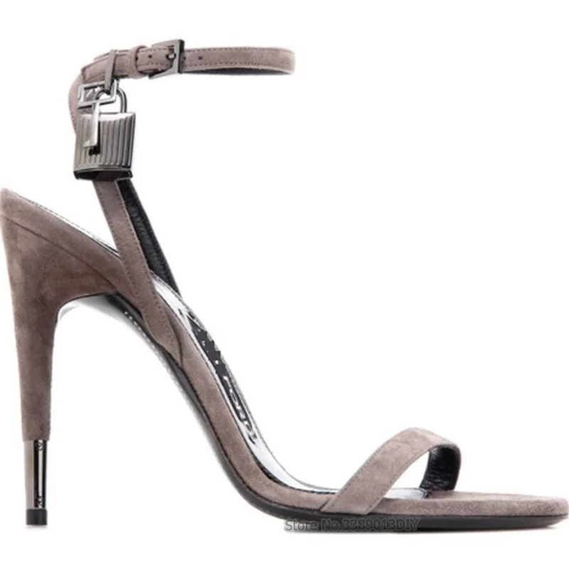 

Woman Sandals Summer Elegant Mental Heel Ankle Strap Grey Lock Sandals Silver Gold Suede Leather Stilettos Shiny Pumps