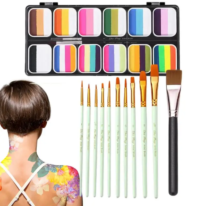 Kit de pintura facial lavável para meninos e meninas, arte corporal profissional, paleta de pintura, maquiagem arco-íris, 12 cores