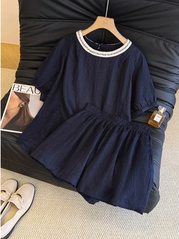 

Stunning Summer Two-Piece Set Women's Cotton Linen orts Top Outfit Adorable round Ne ort Sve Casual Faion Set