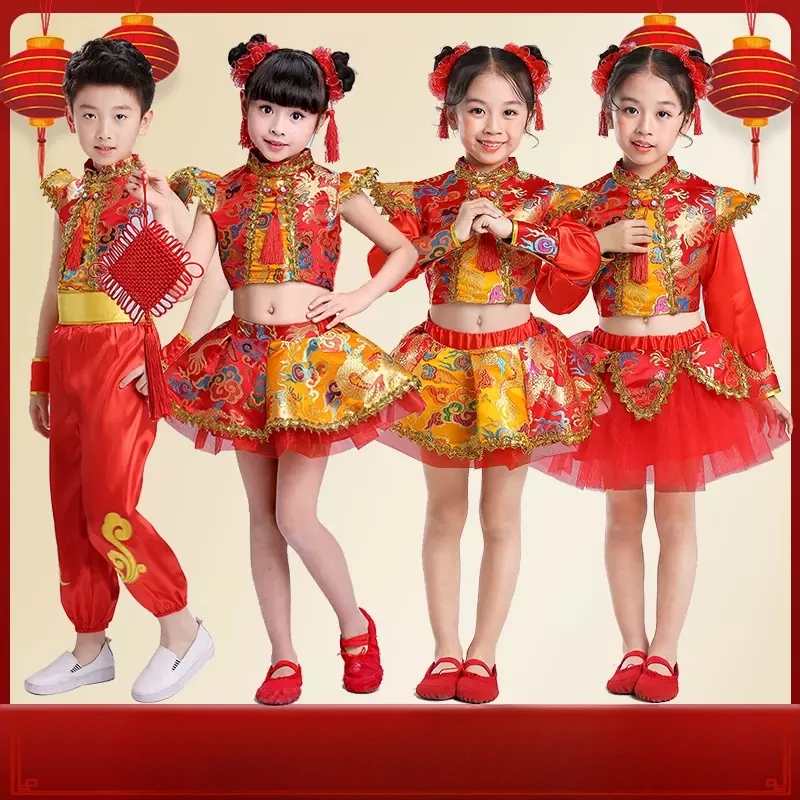 Chinese Traditional New Year Costumes Dragon Dance Kids Yngko Clothing Set Boy Girl Red Kungfu Wushu Tang Suit Hanfu Folk Dance